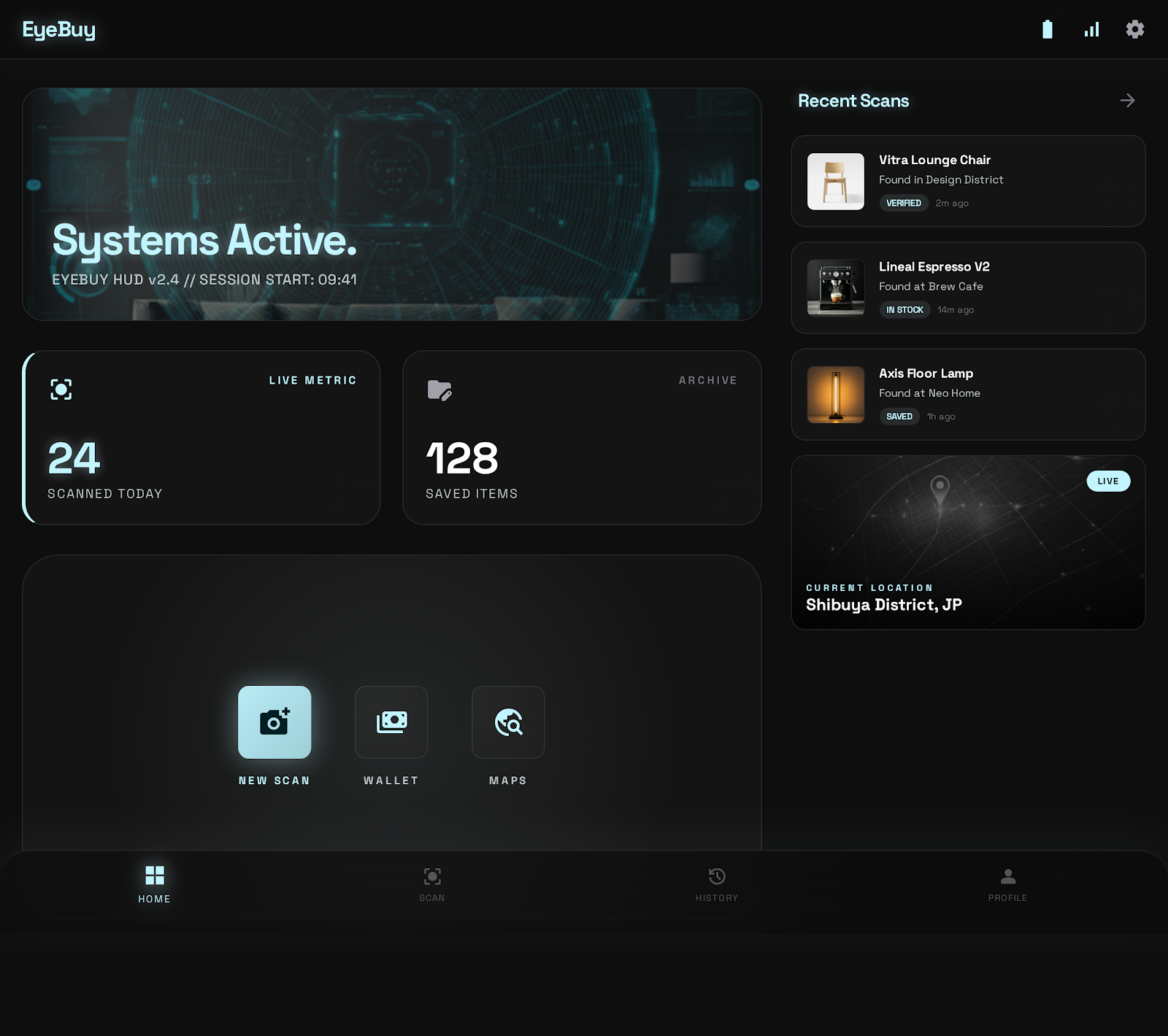 EyeBuy Home Dashboard Screen