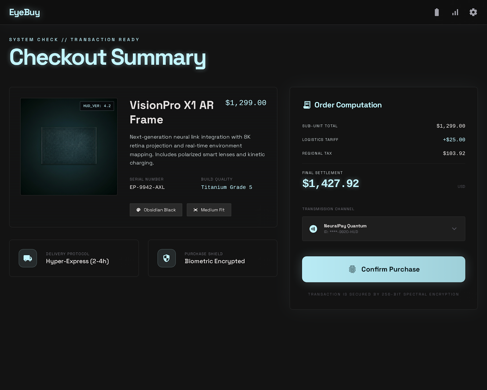 EyeBuy Checkout Screen