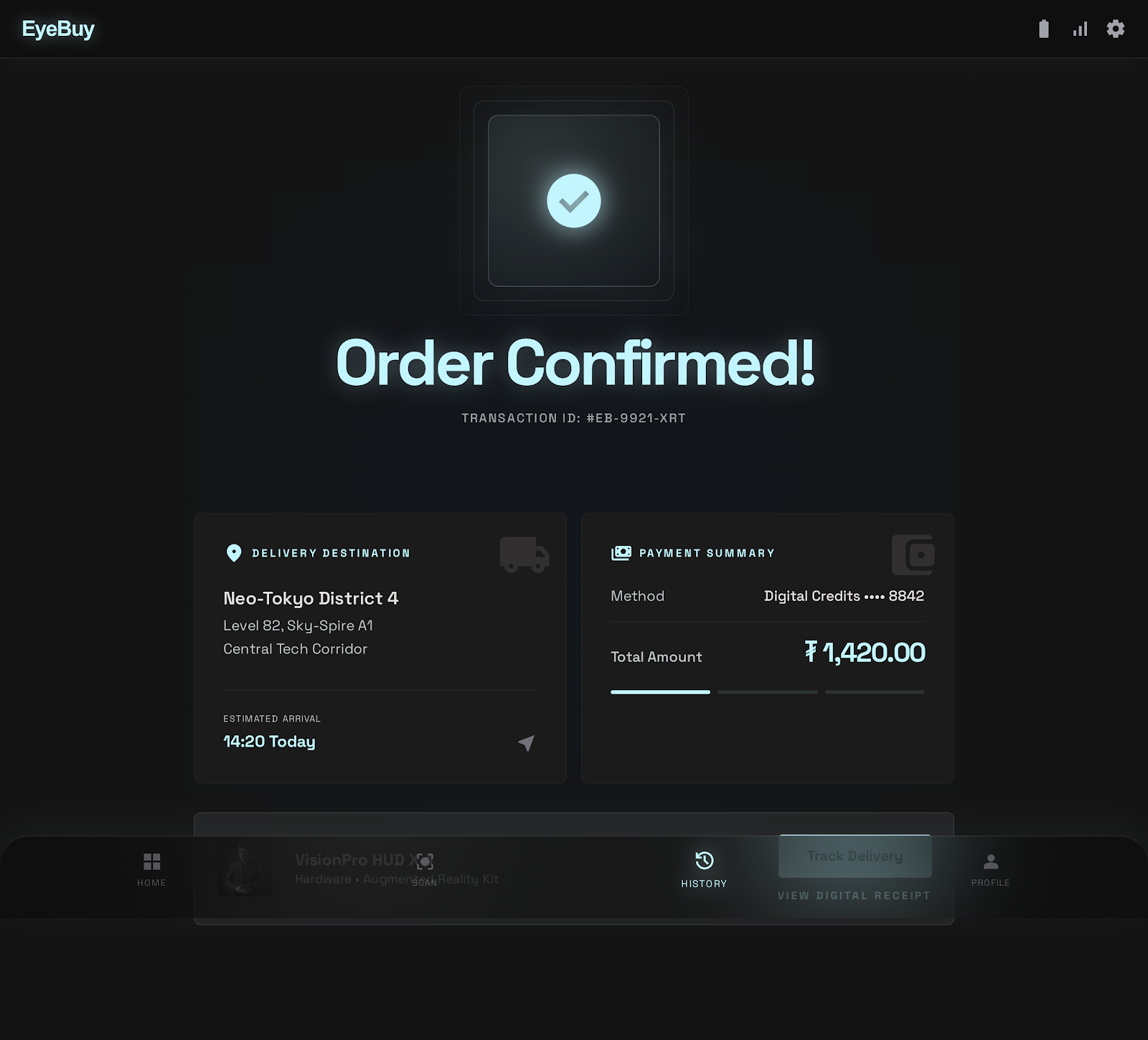 EyeBuy Order Confirmed Screen