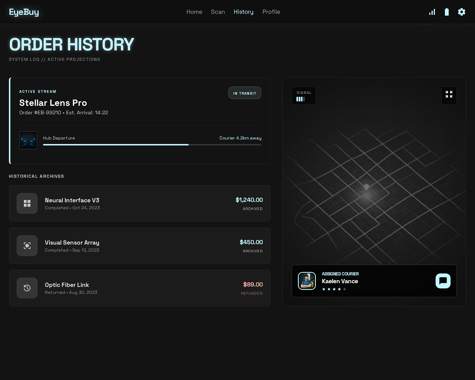 EyeBuy Order History Screen