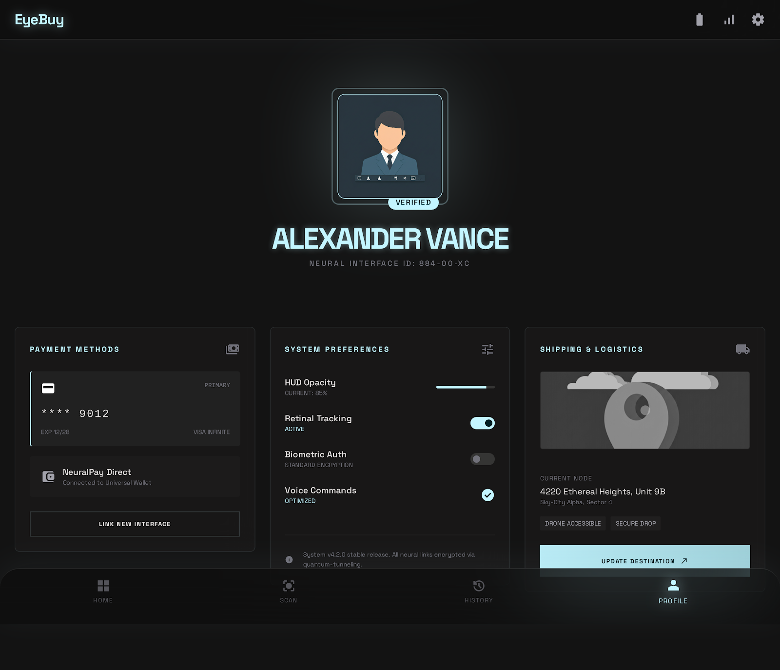 EyeBuy Profile & Settings Screen